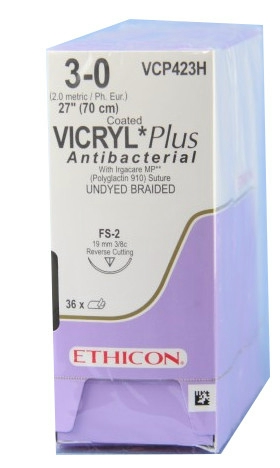 Vicryl Plus 3/0 70cm Festetlen 3/8 19mm vágótű fordított vágóheggyel (36db)