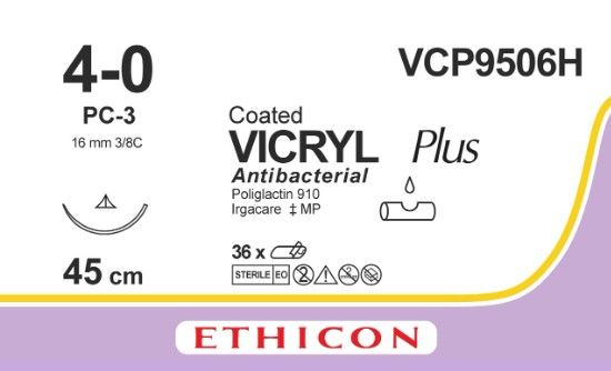ETHICON Coated Vicryl Plus 4/0, PC-3 Prime MP, 3/8C, 16mm, 45cm - átlátszó (36db)